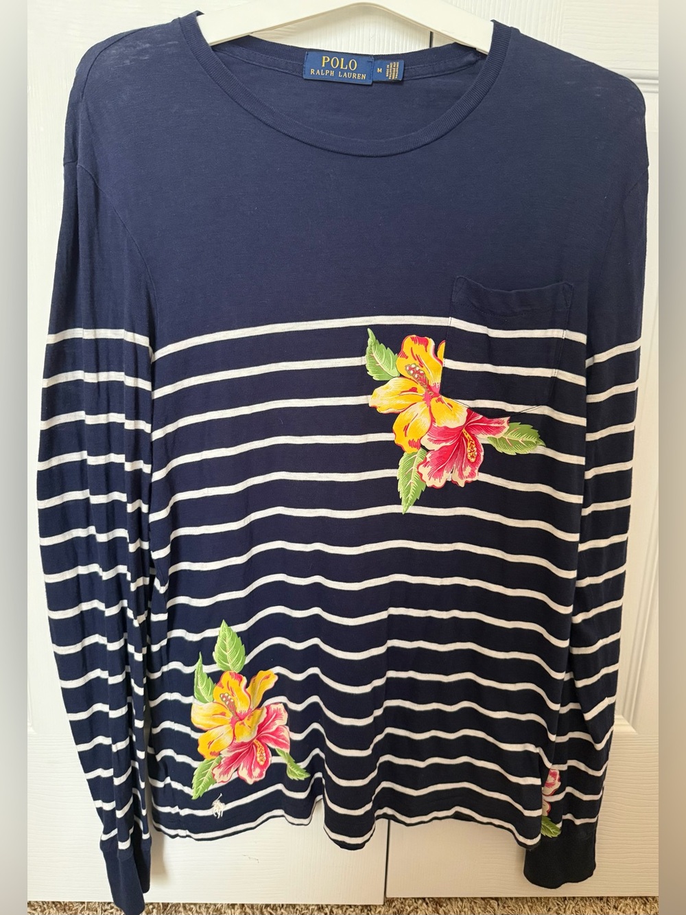 Polo Ralph Lauren Navy Blue Striped Floral Print Long Sleeve Shirt Women Size M